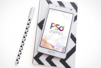 Free White Smartphone Plus Notebook Mockup