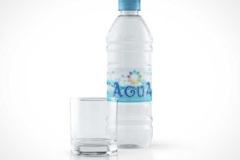 Free Water Bottle Plus Glass Mockup
