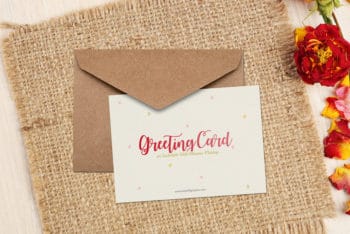 Wonderful Greeting Card Mockup Available with Sackcloth & Floral Background