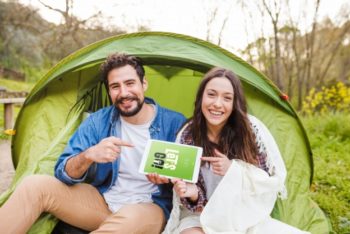 Free Camping Couple Plus Tablet Mockup in PSD