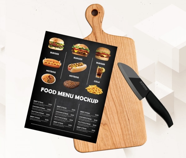 Download Free Food Menu Plus Cutting Board Mockup in PSD - DesignHooks