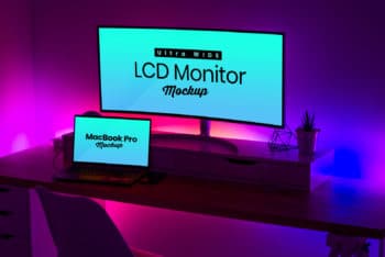 Download Ultra Widescreen LCD Monitor & MacBook Pro Mockup PSD