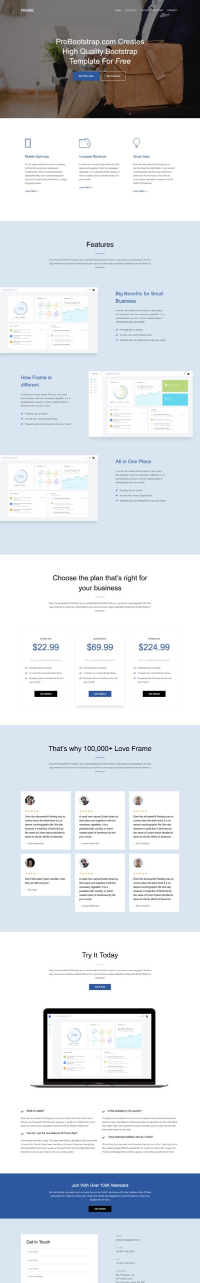 Frame - free landing page HTML template